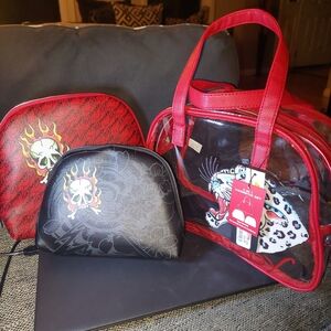 Ed Hardy Red Clear Dome Satchel with Leopard & Skull Graphic